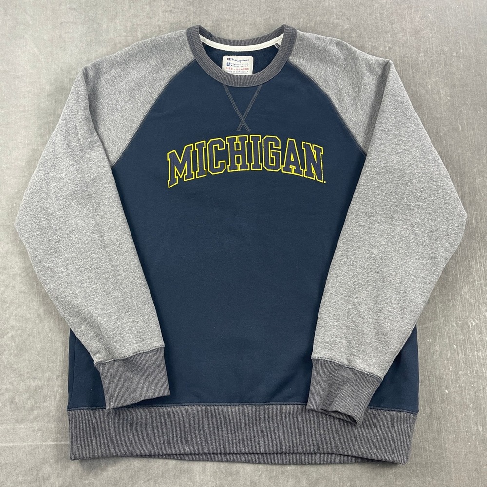Michigan Wolverines‎ Champion Men XL Navy Gray Crewneck Sweatshirt Raglan Fleece